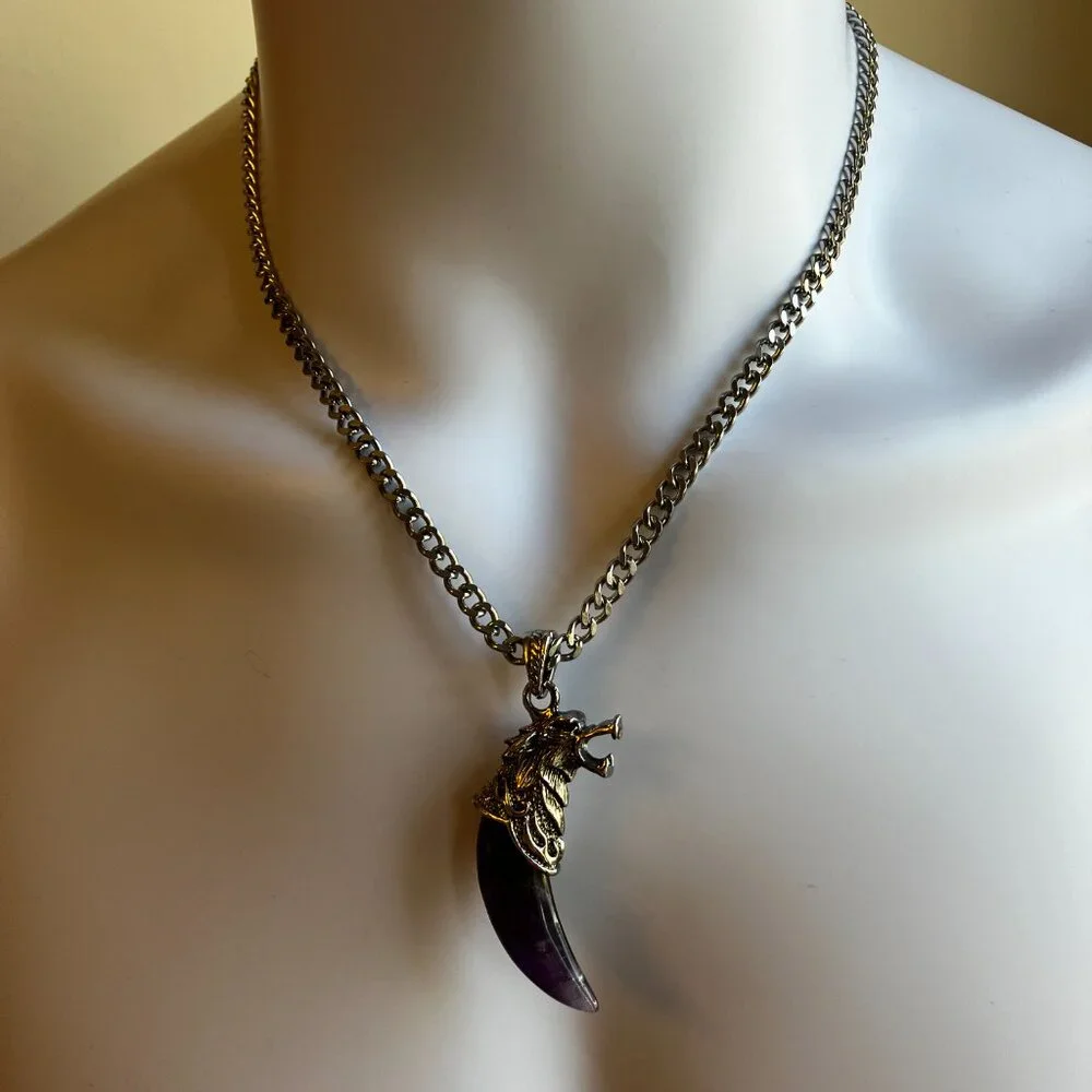 Amethyst Gemstone Tusk AND CHAIN Men's Chunky 20-inch Stainless Steel Chain